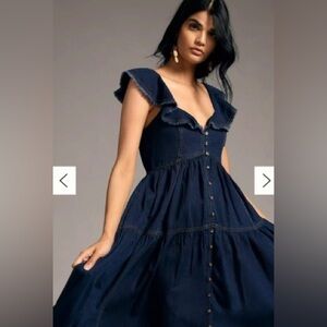 Anthropologie NWT Pilcro Sweetheart Flutter-Sleeve Denim Button Down Dress XS